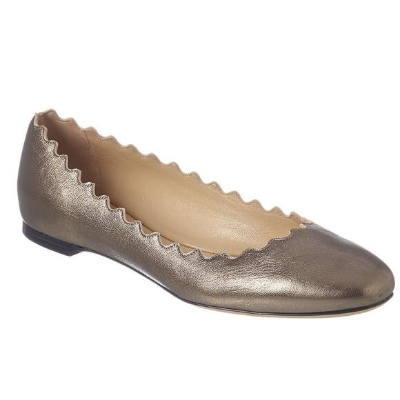 Chloé Lauren Scalloped Metallic Leather Ballerina Flats Gold Size 38 / 8 - Picture 1 of 9
